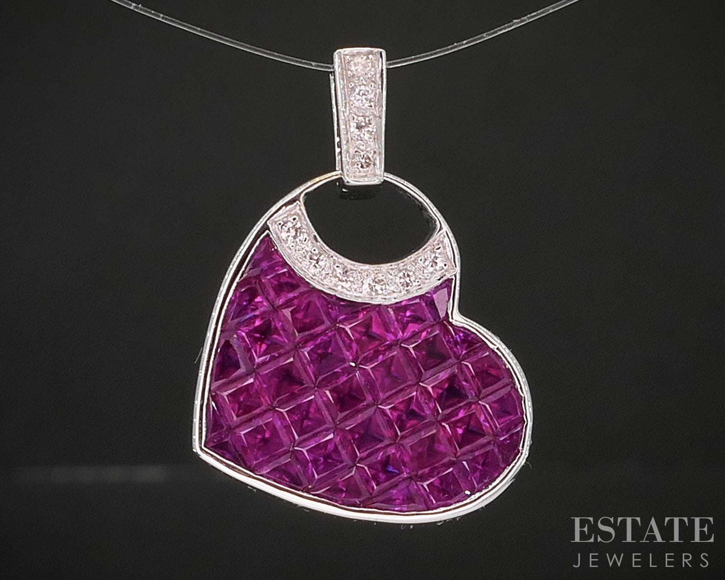 18k White Gold Natural Ruby & Diamond Heart Ladies Pendant 2.2g i20426