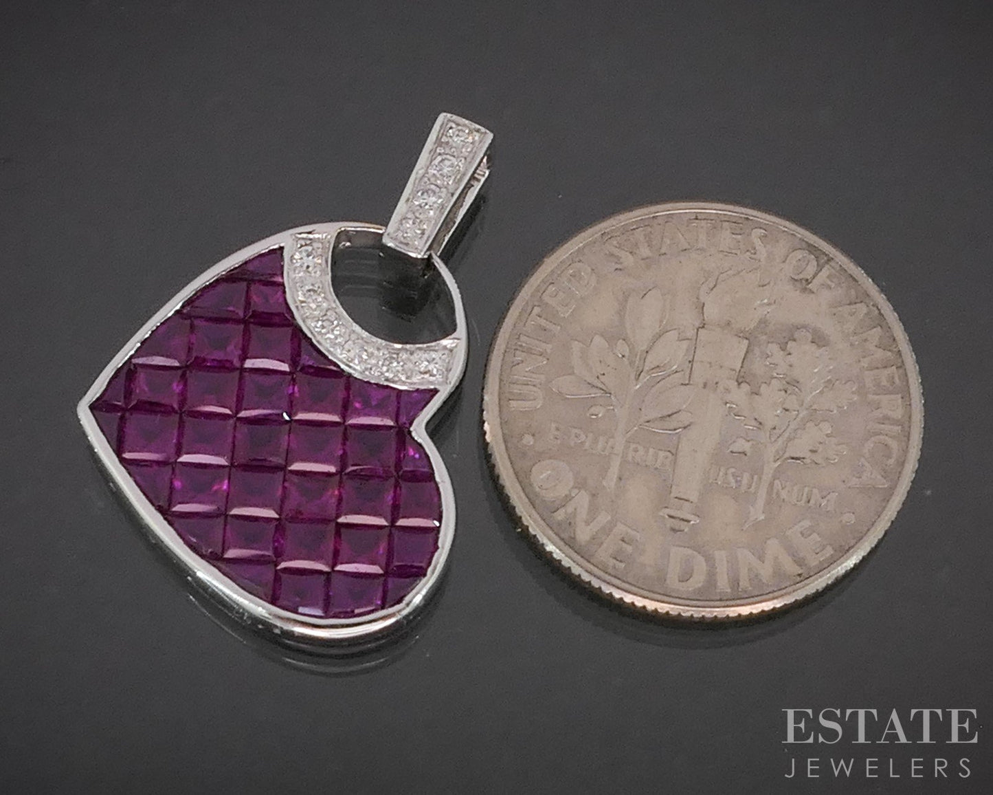 18k White Gold Natural Ruby & Diamond Heart Ladies Pendant 2.2g i20426