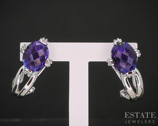14k White Gold Natural Amethyst & Diamond Omega Back Earrings 3.7g i20434