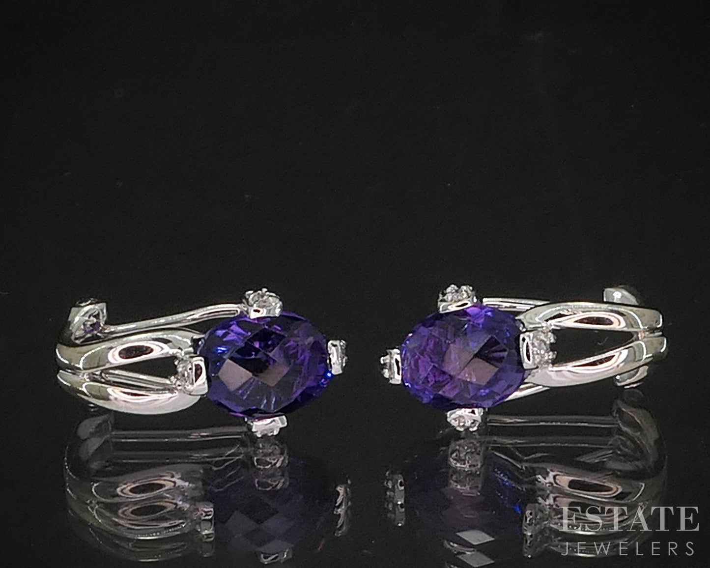 14k White Gold Natural Amethyst & Diamond Omega Back Earrings 3.7g i20434