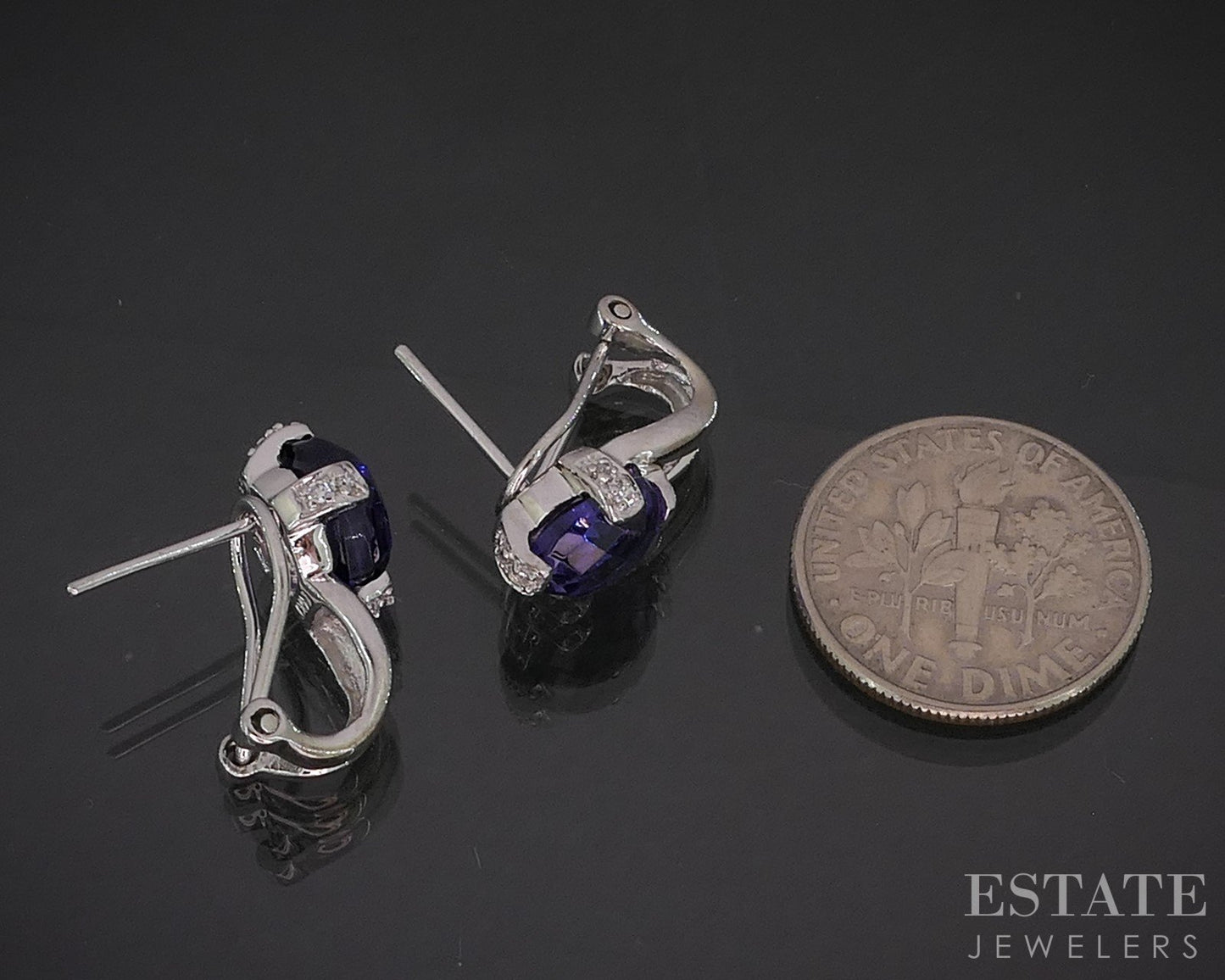 14k White Gold Natural Amethyst & Diamond Omega Back Earrings 3.7g i20434
