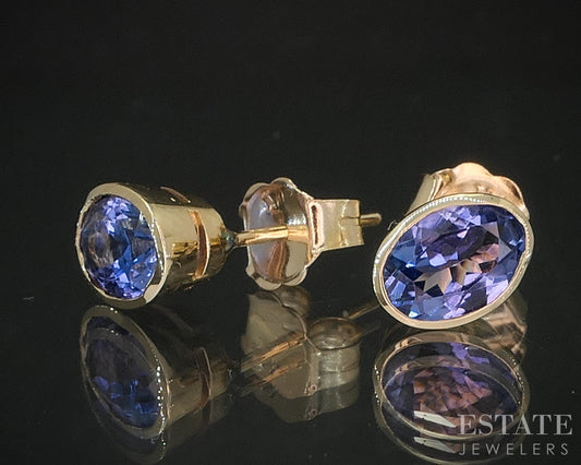 14k Yellow Gold Oval Natural Tanzanite Bezel Set Stud Earrings 1.8g i20433