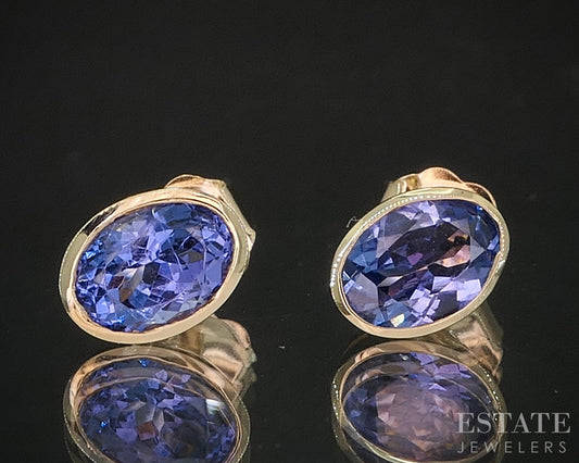 14k Yellow Gold Oval Natural Tanzanite Bezel Set Stud Earrings 1.8g i20433