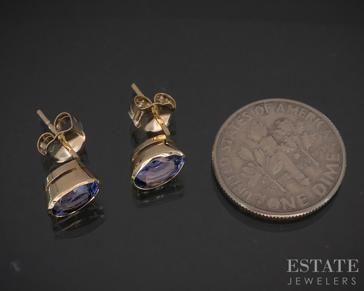 14k Yellow Gold Oval Natural Tanzanite Bezel Set Stud Earrings 1.8g i20433