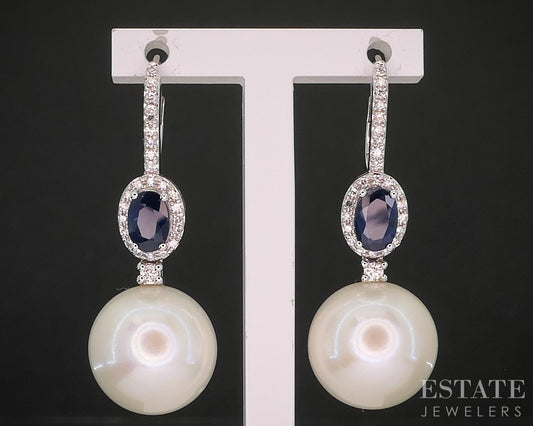 14k White Gold 12.5mm Pearl Blue Sapphire & Diamond Earrings 8.2g i20418