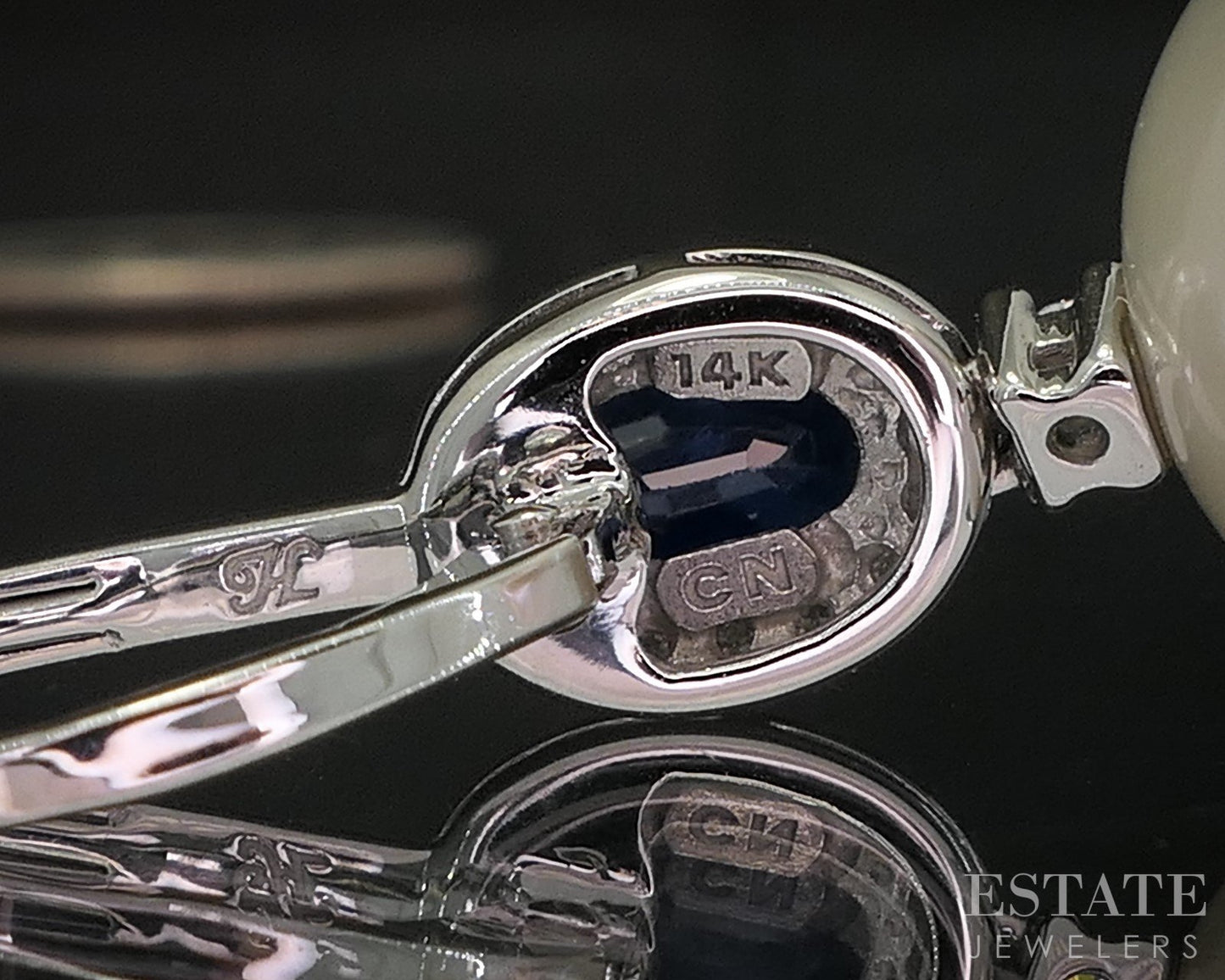 14k White Gold 12.5mm Pearl Blue Sapphire & Diamond Earrings 8.2g i20418