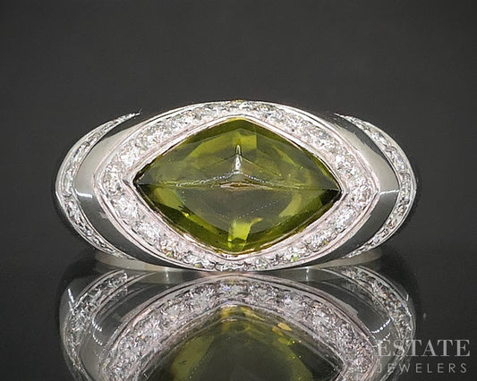 18k White Gold Natural Green Tourmaline & Diamond Ladies Ring 8.1g i20416