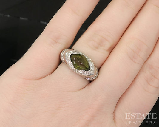18k White Gold Natural Green Tourmaline & Diamond Ladies Ring 8.1g i20416
