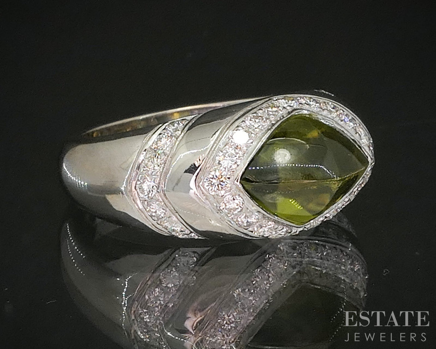 18k White Gold Natural Green Tourmaline & Diamond Ladies Ring 8.1g i20416