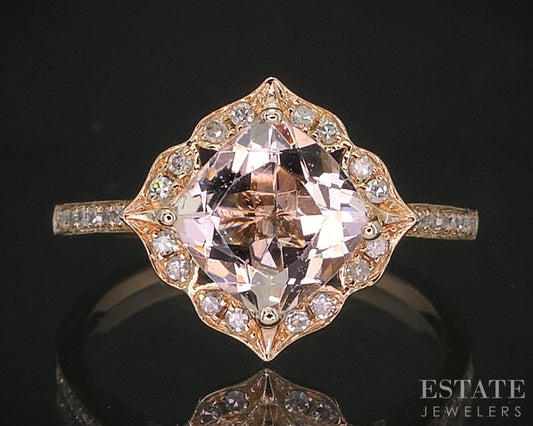 14k Rose Gold Cushion Natural Morganite & Diamond Halo Ladies Ring 1.9g i20414