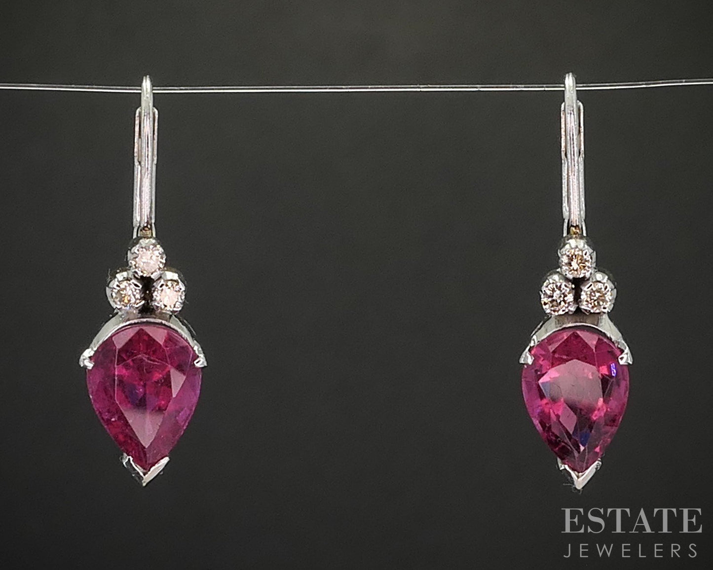 18k White Gold IGI Natural Pink Tourmaline & Diamond Dangle Earrings 3.2g i20436