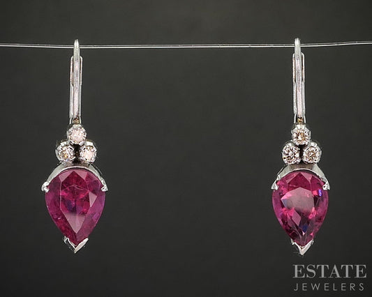 18k White Gold IGI Natural Pink Tourmaline & Diamond Dangle Earrings 3.2g i20436