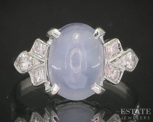 Vintage 18k White Gold Natural Blue Star Sapphire & Diamond Ring 3.9g i20487
