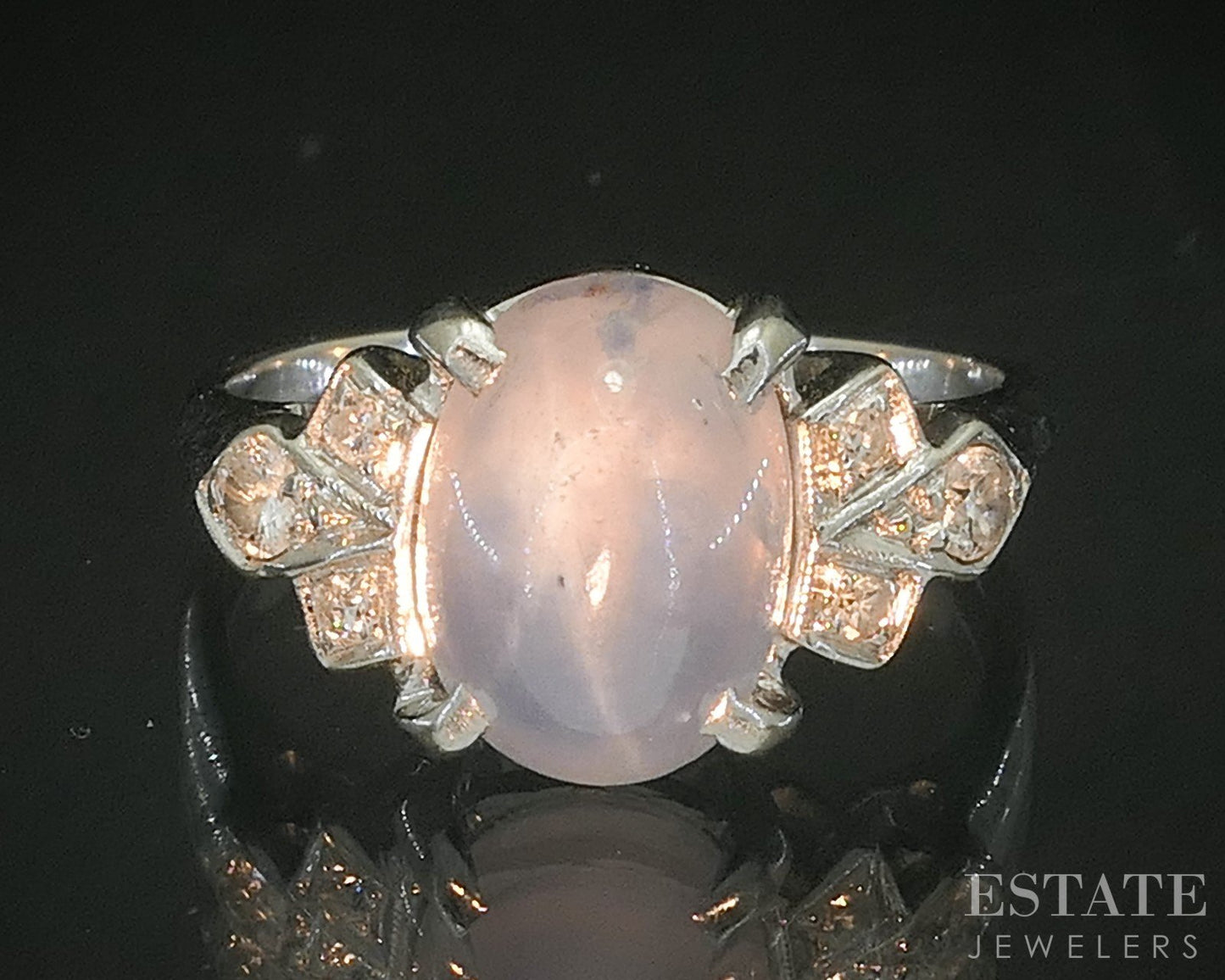 Vintage 18k White Gold Natural Blue Star Sapphire & Diamond Ring 3.9g i20487