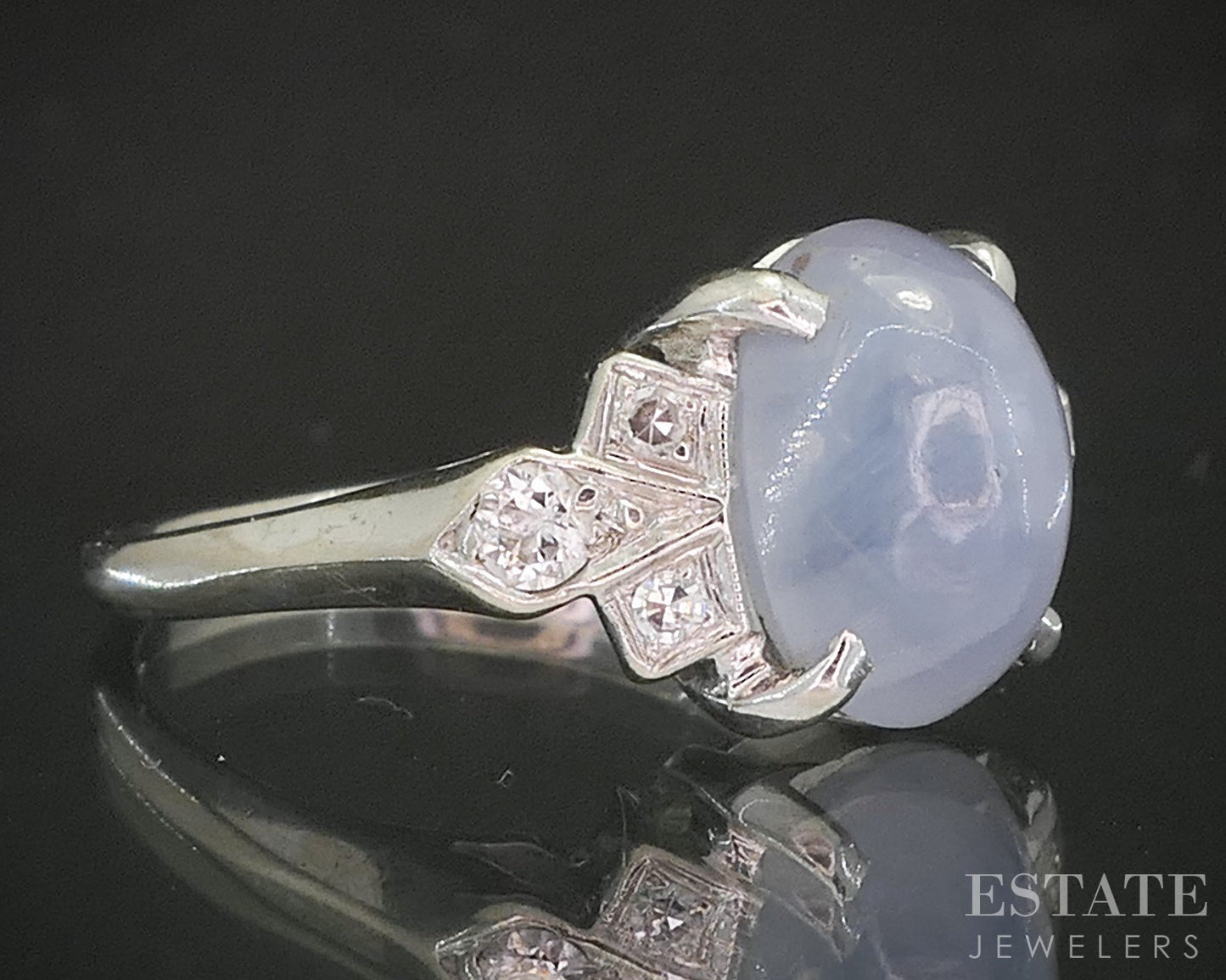 Vintage 18k White Gold Natural Blue Star Sapphire & Diamond Ring 3.9g i20487