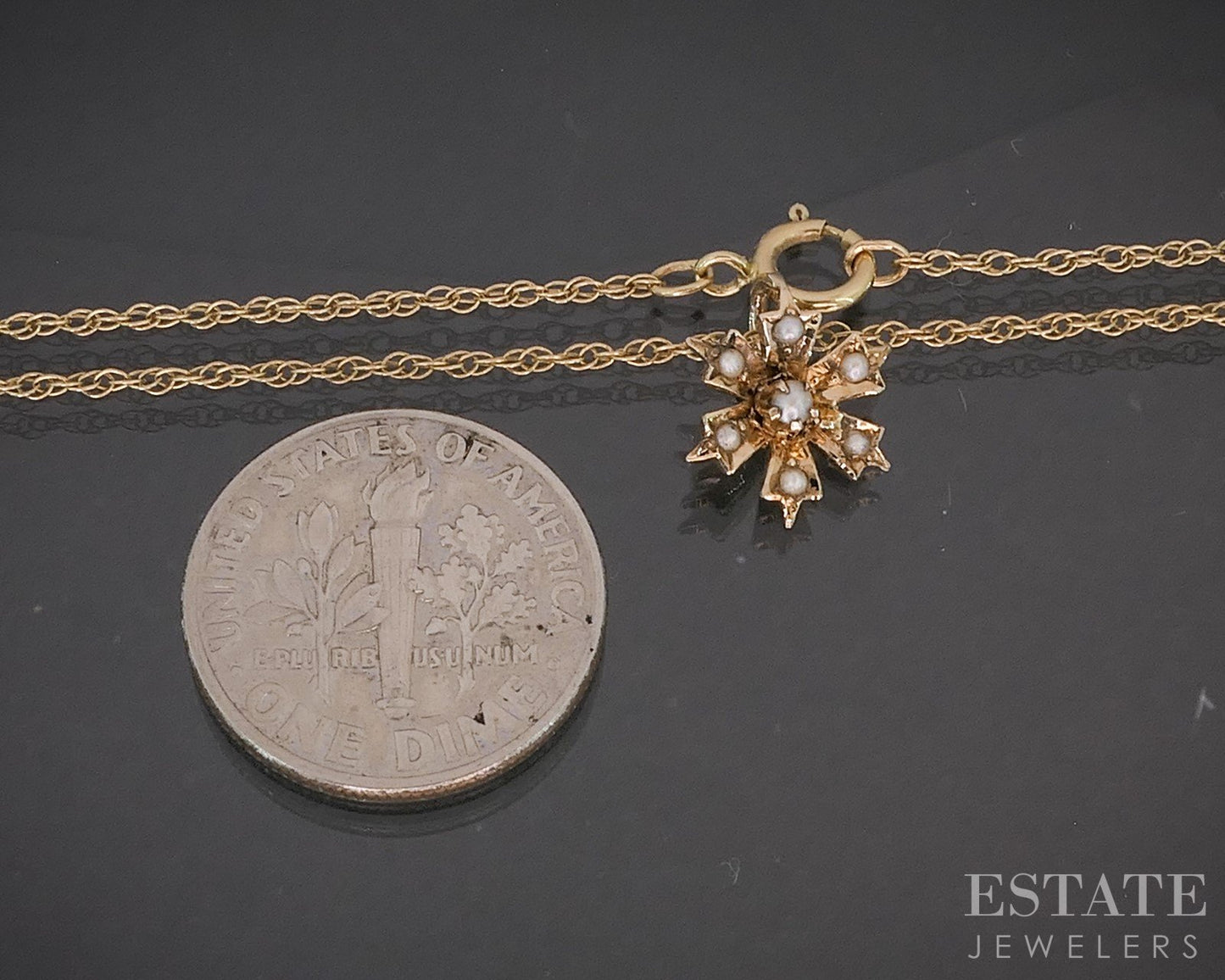 Antique Victorian 14k Yellow Gold Seed Pearl Flower Ladies Necklace 1.6g i20485