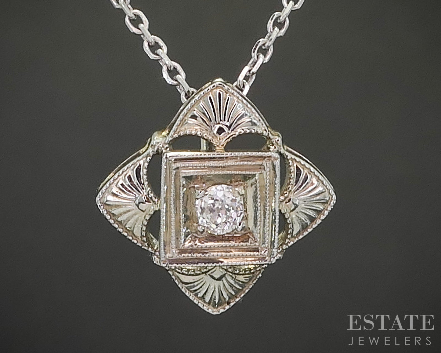 Antique Art Deco 18k White Gold OEC Natural .10ct Diamond Necklace 3.0g i20486