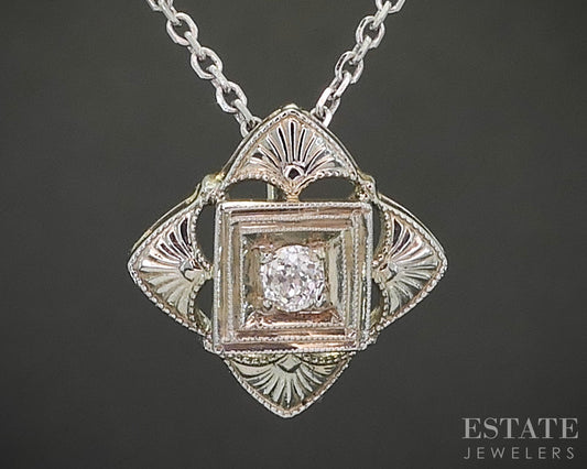 Antique Art Deco 18k White Gold OEC Natural .10ct Diamond Necklace 3.0g i20486