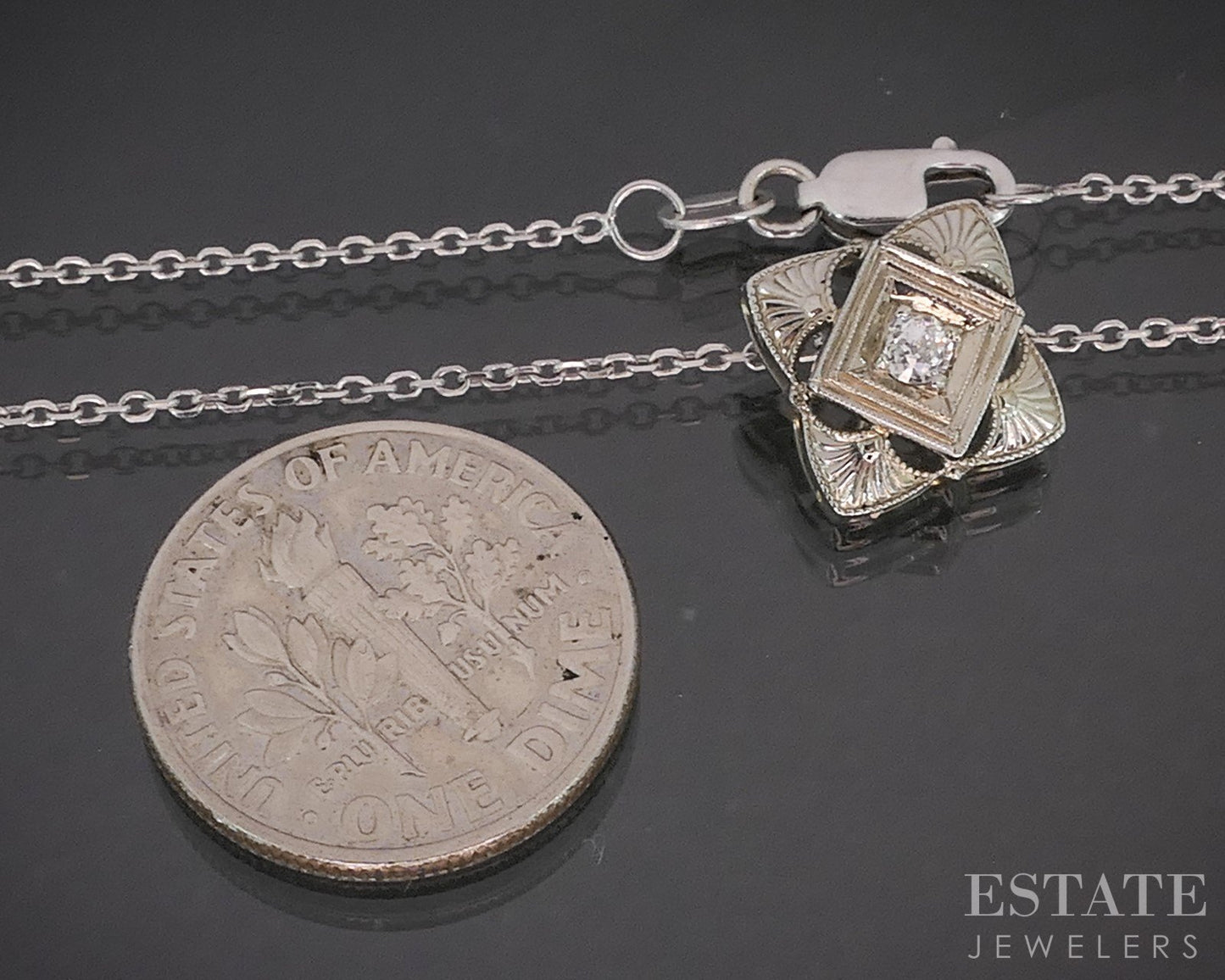 Antique Art Deco 18k White Gold OEC Natural .10ct Diamond Necklace 3.0g i20486