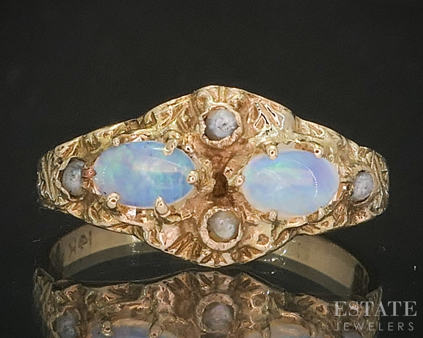 Antique Victorian 14k Yellow Gold Natural Opal & Seed Pearl Ring 2.5g i20478