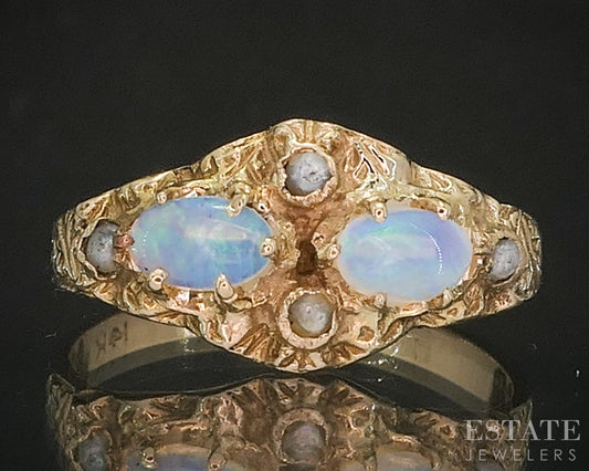 Antique Victorian 14k Yellow Gold Natural Opal & Seed Pearl Ring 2.5g i20478