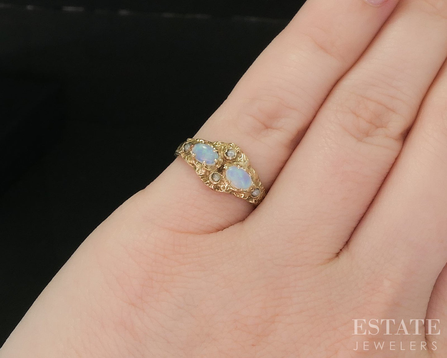 Antique Victorian 14k Yellow Gold Natural Opal & Seed Pearl Ring 2.5g i20478
