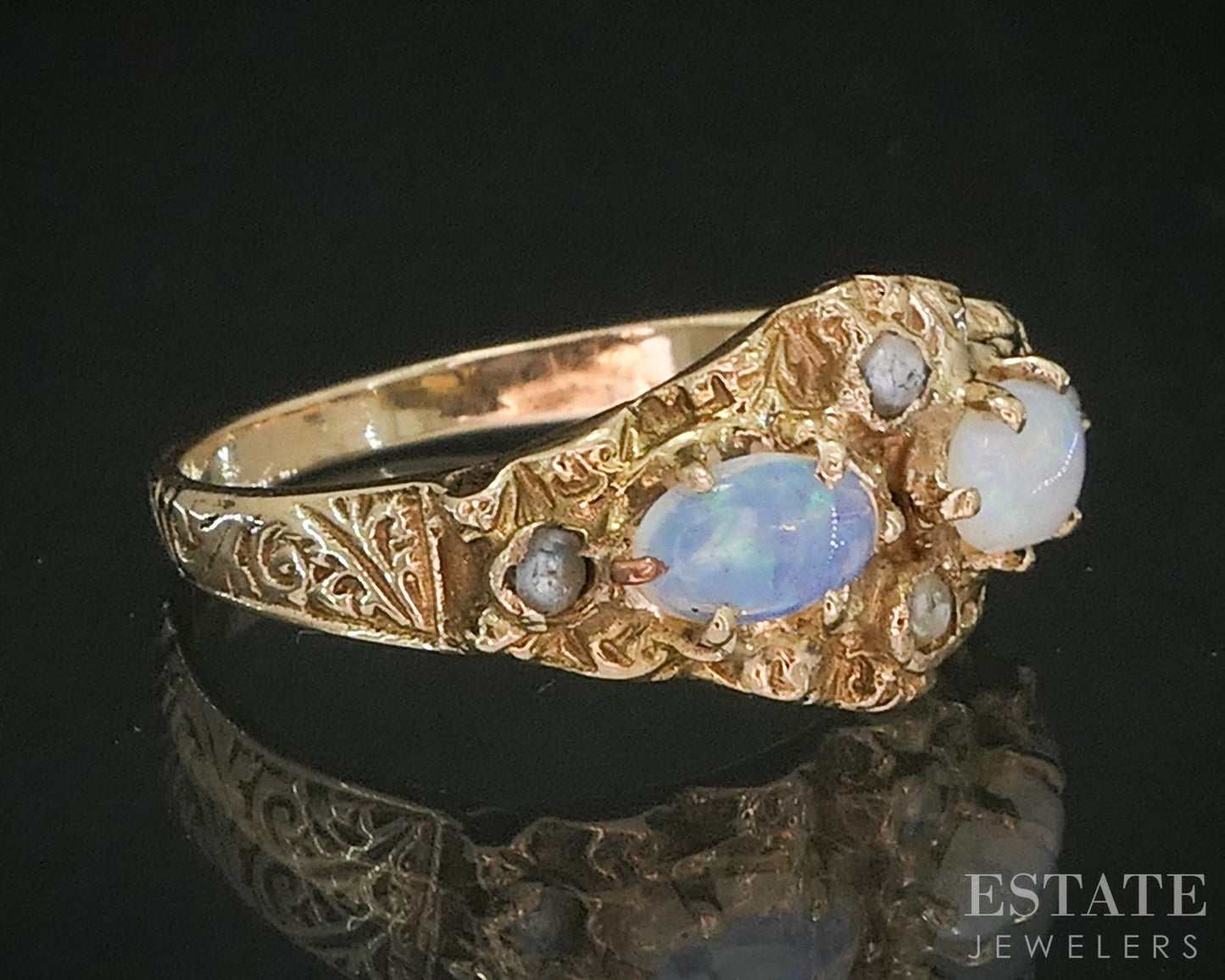 Antique Victorian 14k Yellow Gold Natural Opal & Seed Pearl Ring 2.5g i20478