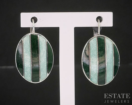 Vintage Sterling Silver Enameled Oval Leverback Earrings 3.4g i20475