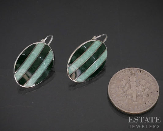 Vintage Sterling Silver Enameled Oval Leverback Earrings 3.4g i20475