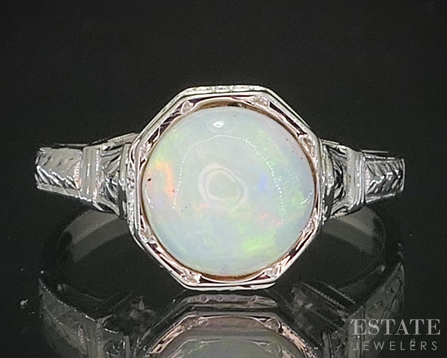 Antique 18k White Gold Natural Opal Ostby Barton Filigree Ring 2.3g i20471