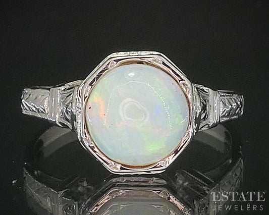 Antique 18k White Gold Natural Opal Ostby Barton Filigree Ring 2.3g i20471