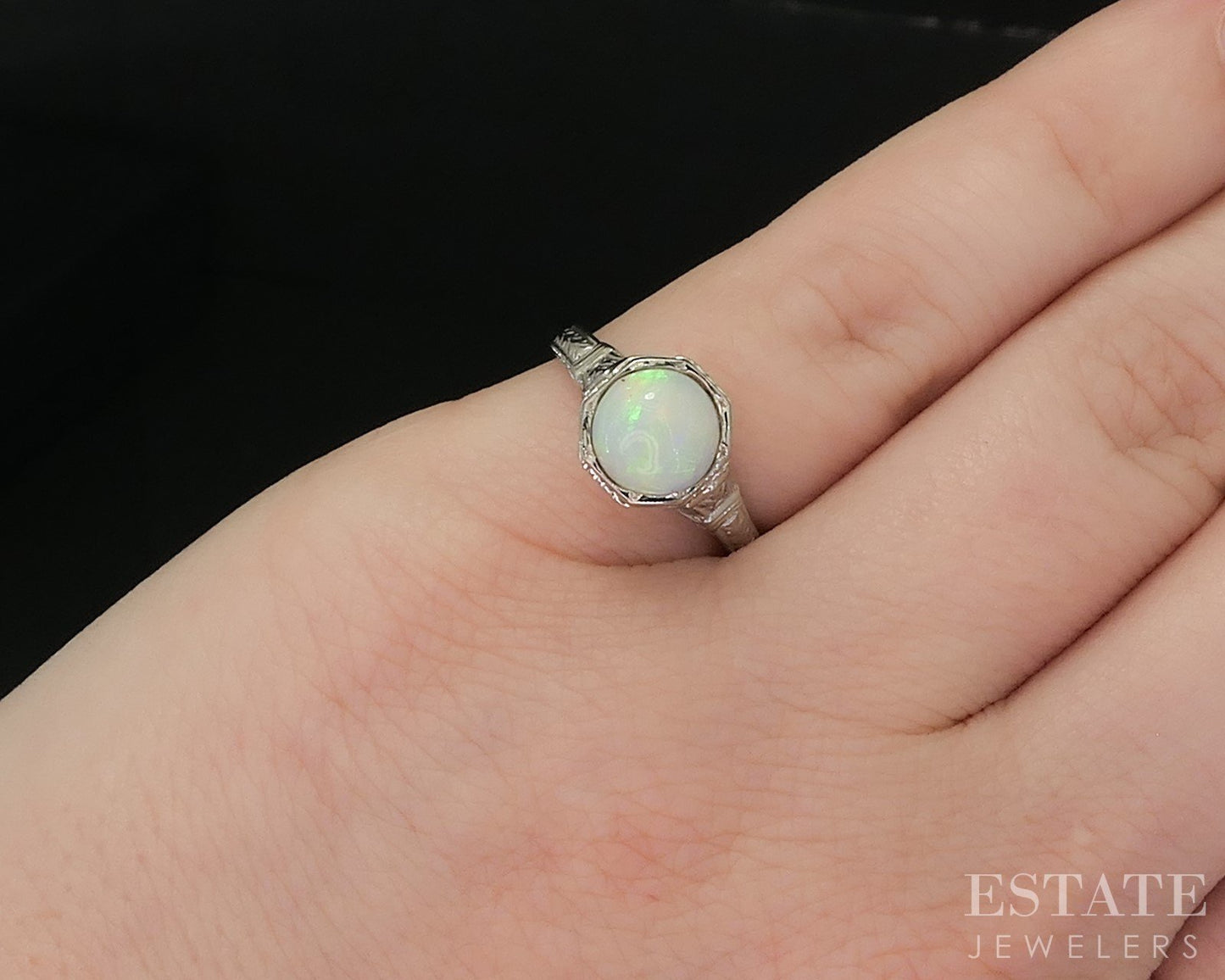 Antique 18k White Gold Natural Opal Ostby Barton Filigree Ring 2.3g i20471