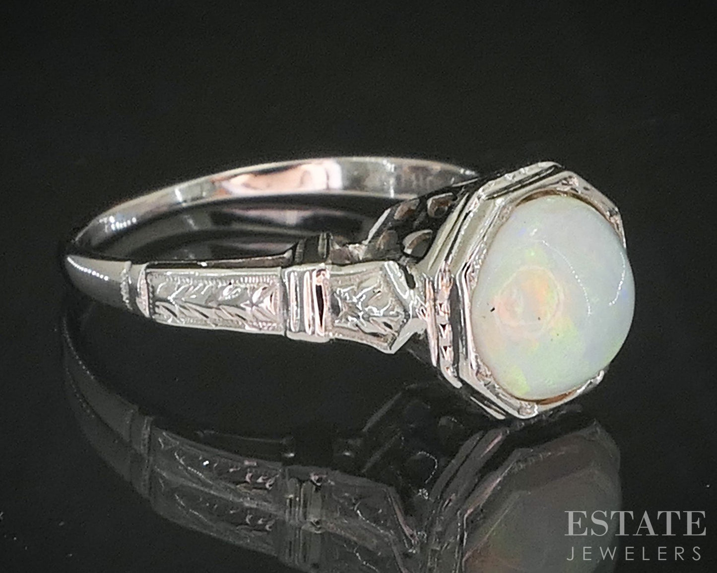 Antique 18k White Gold Natural Opal Ostby Barton Filigree Ring 2.3g i20471