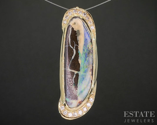 14k Yellow Gold Natural Boulder Opal & Diamond Pendant 9.6g i20467