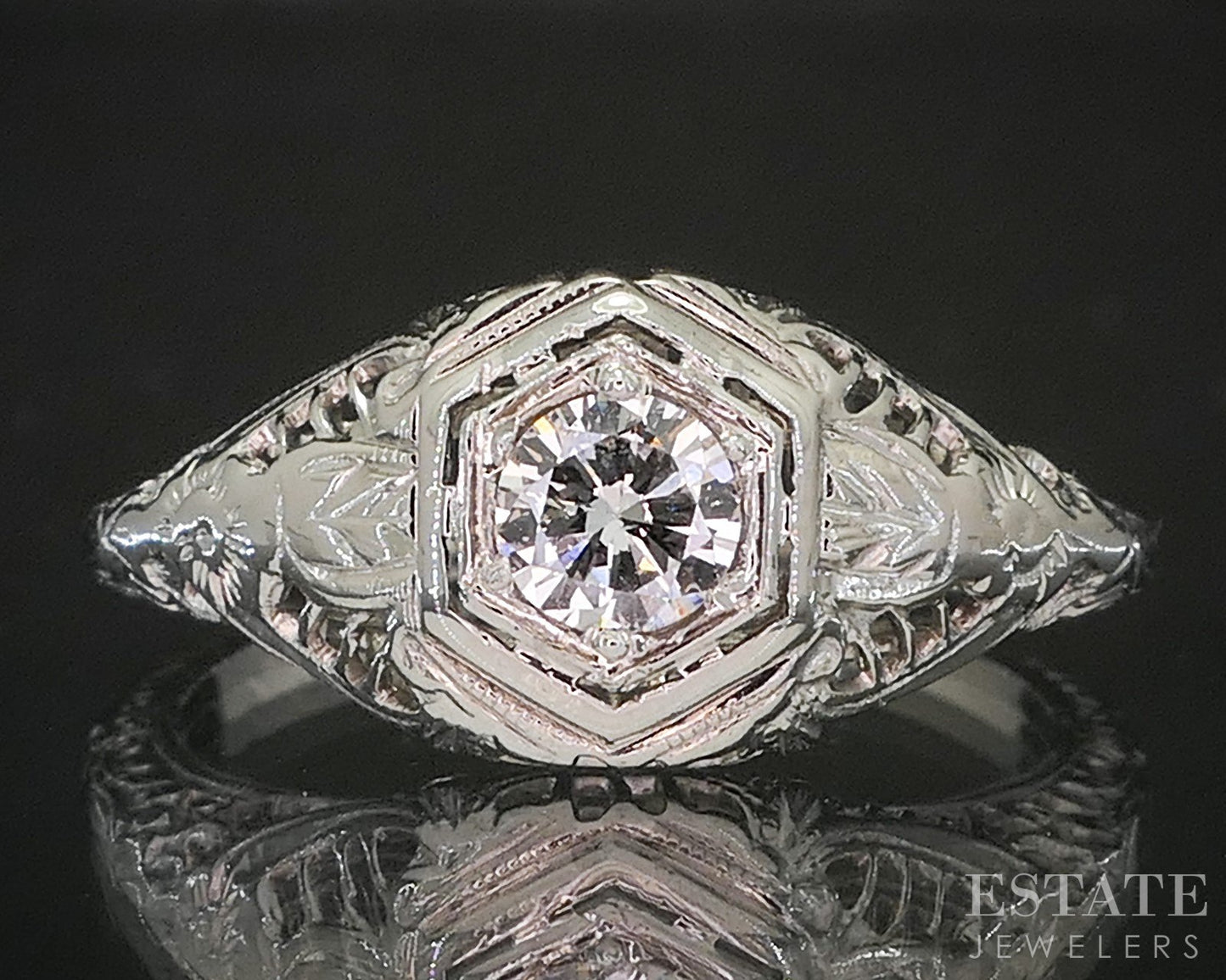 Antique 18k White Gold Transitional Natural .25ct Diamond Filigree Ring i20468
