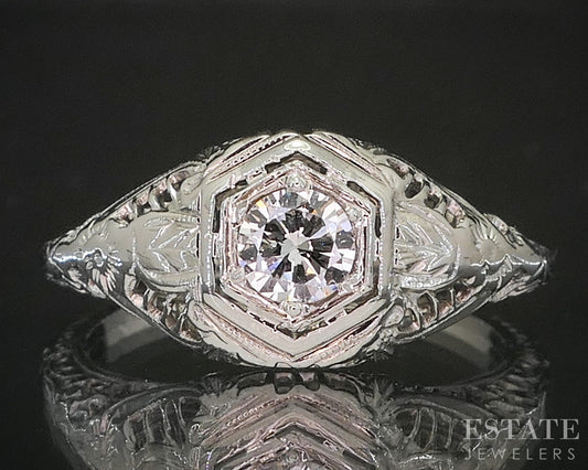 Antique 18k White Gold Transitional Natural .25ct Diamond Filigree Ring i20468
