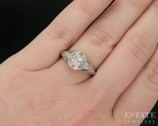 Antique 18k White Gold Transitional Natural .25ct Diamond Filigree Ring i20468