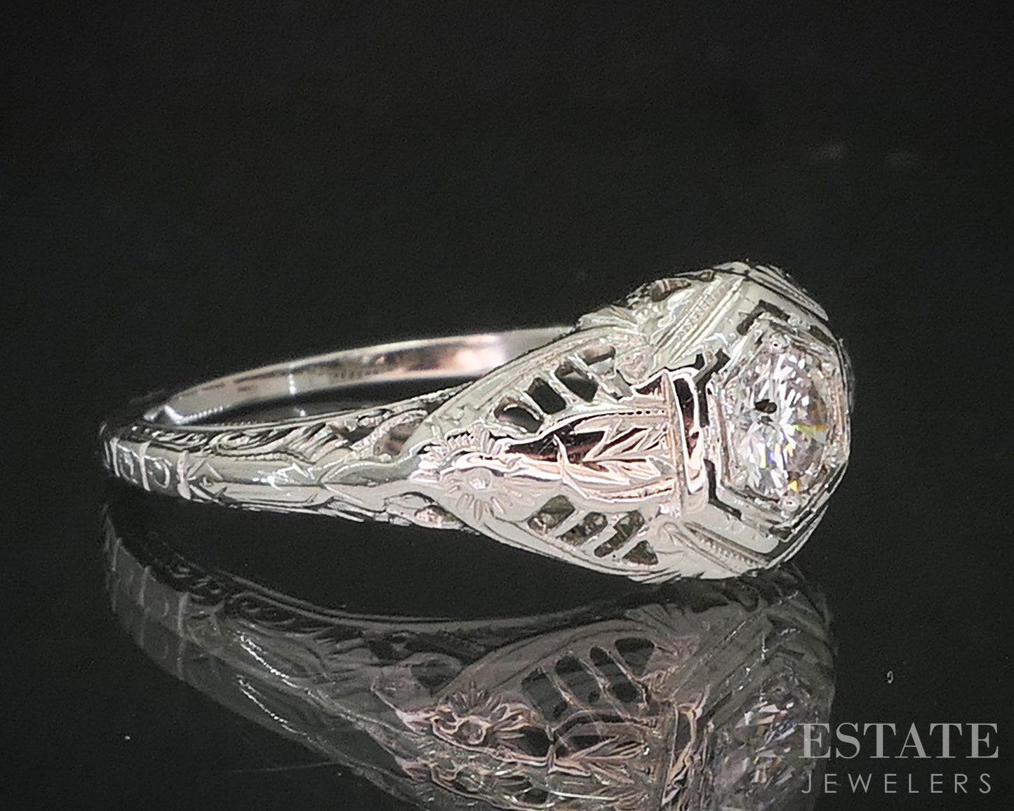 Antique 18k White Gold Transitional Natural .25ct Diamond Filigree Ring i20468