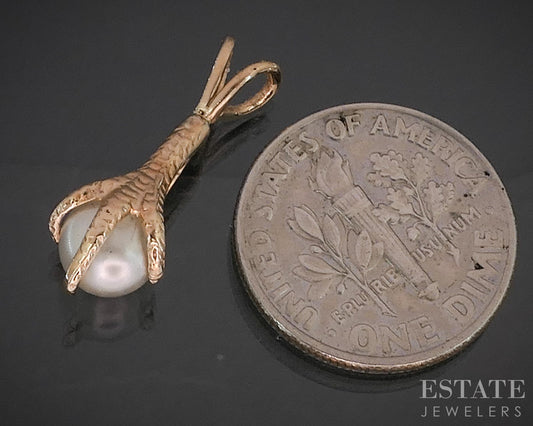 Antique 10k Yellow Gold 6mm Akoya Pearl Talon Claw Charm Pendant 0.7g i20463