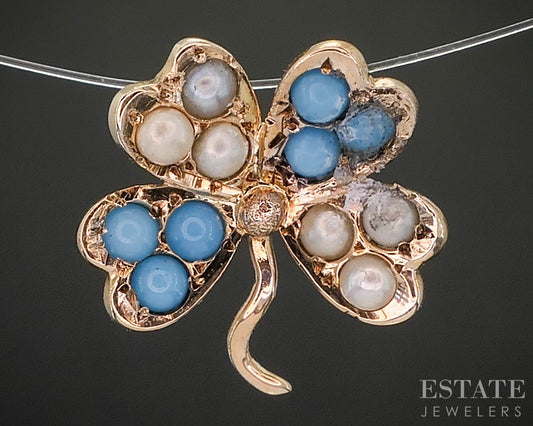 Antique 10k Yellow Gold Seed Pearl Turquoise Clover Charm Pendant 0.7g i20462