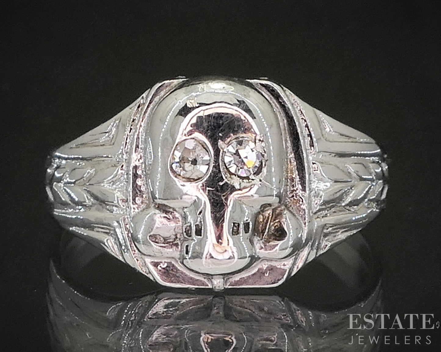 Antique 18k White Gold & Sterling Natural Diamond Skull Signet Ring 2.9g i20470