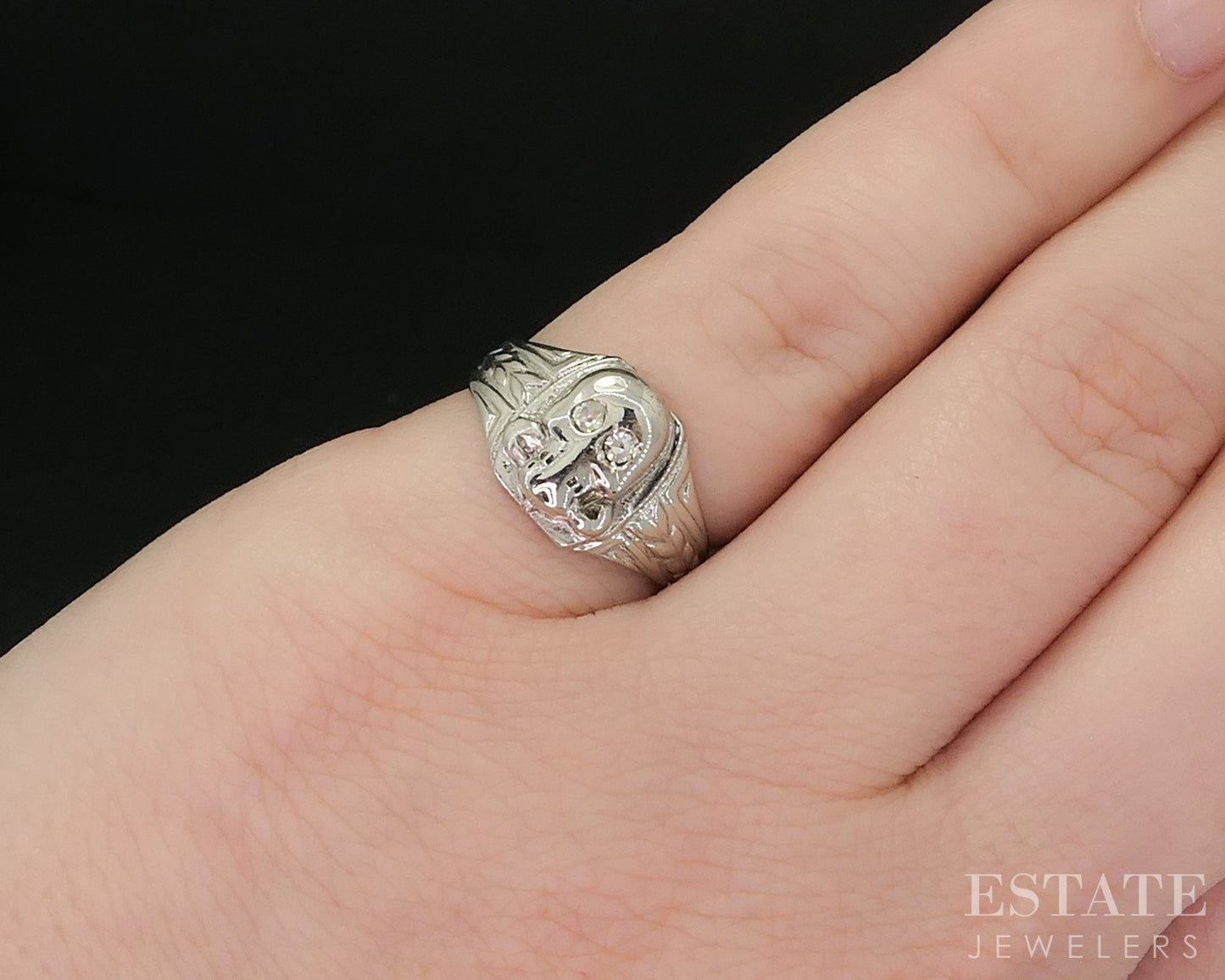 Antique 18k White Gold & Sterling Natural Diamond Skull Signet Ring 2.9g i20470