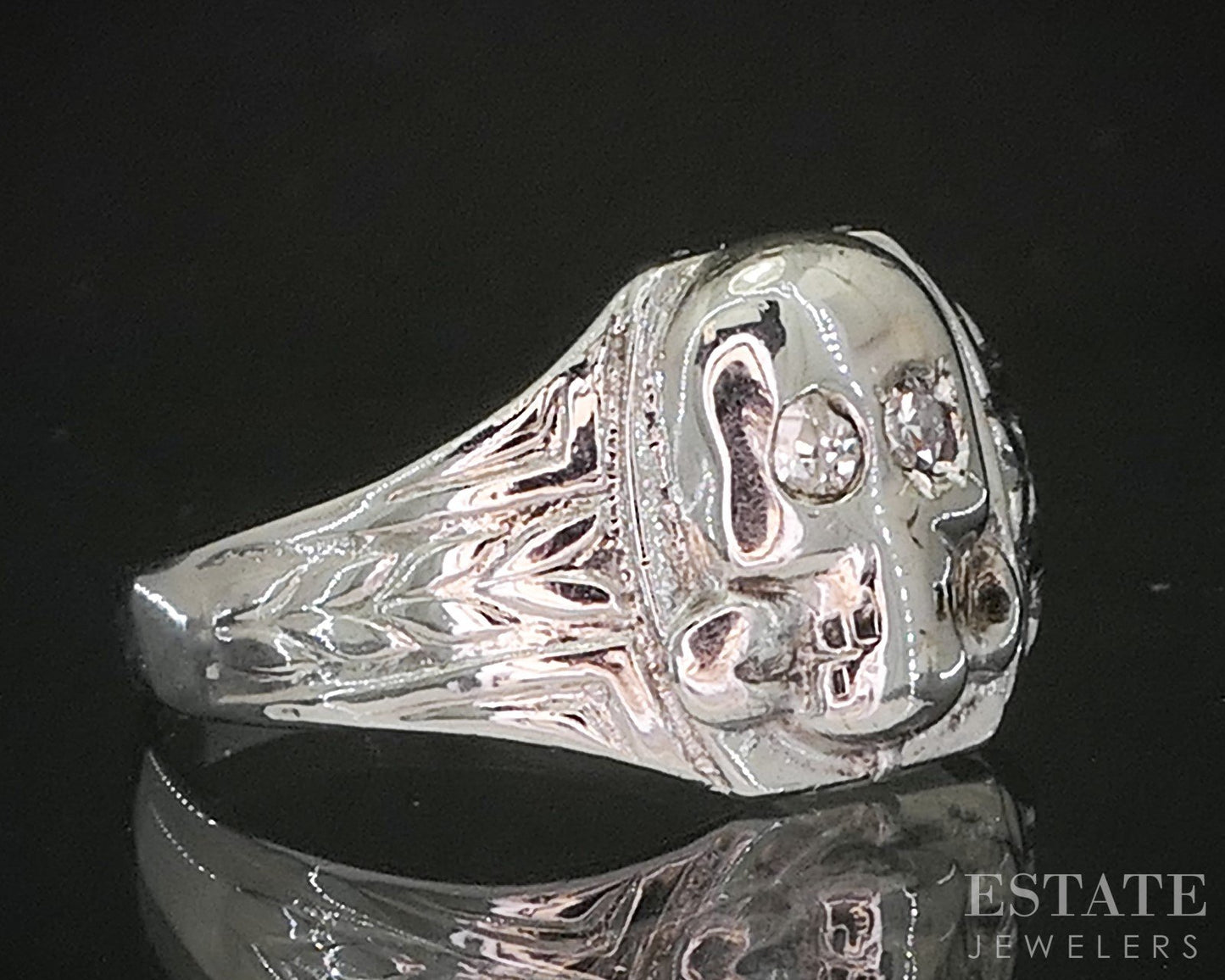 Antique 18k White Gold & Sterling Natural Diamond Skull Signet Ring 2.9g i20470