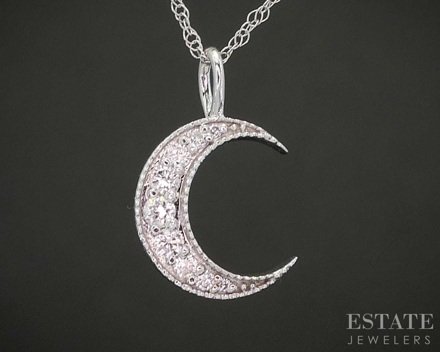 10k White Gold Lab Created Diamond Crescent Moon Ladies Necklace 18"L p14987