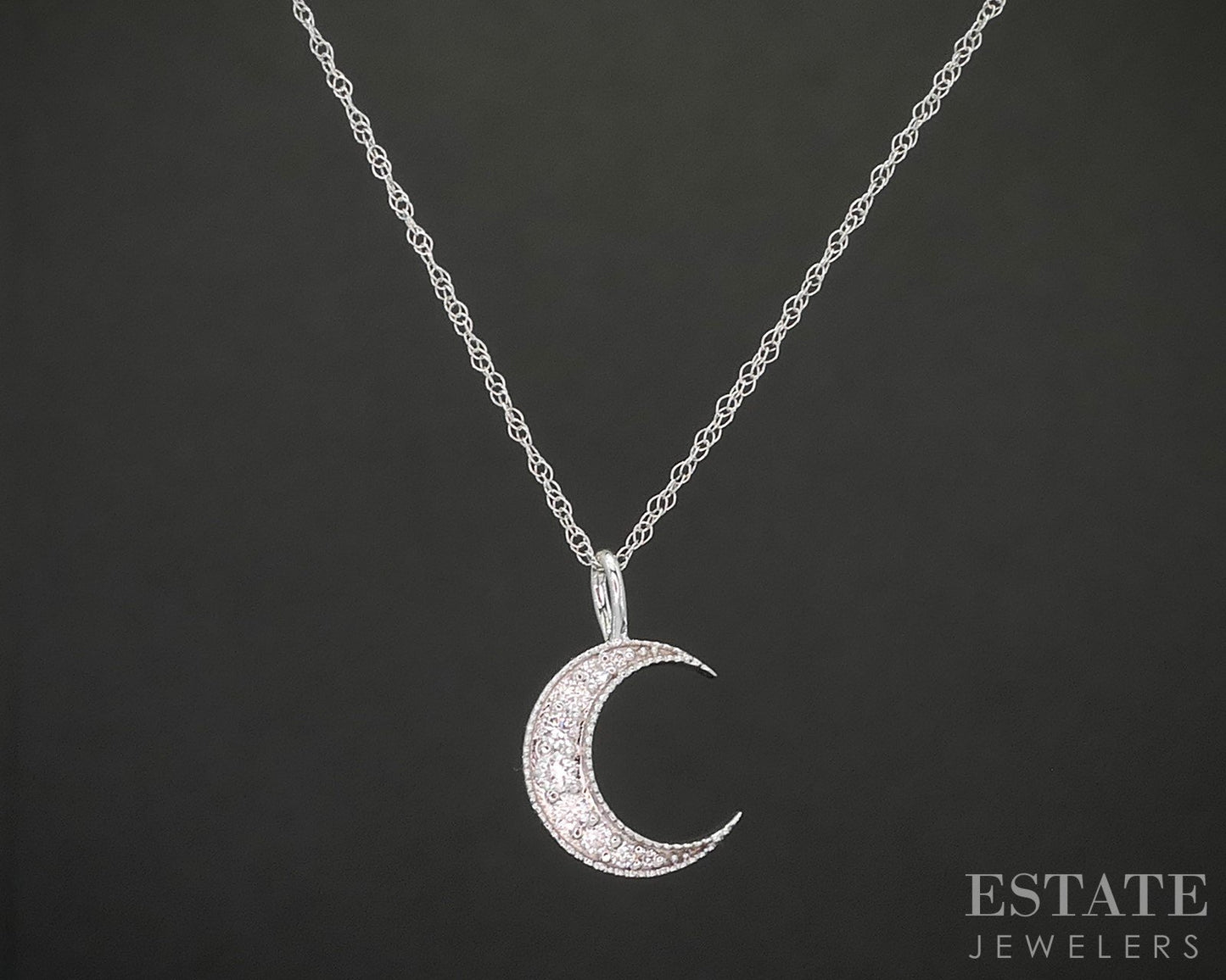 10k White Gold Lab Created Diamond Crescent Moon Ladies Necklace 18"L p14987