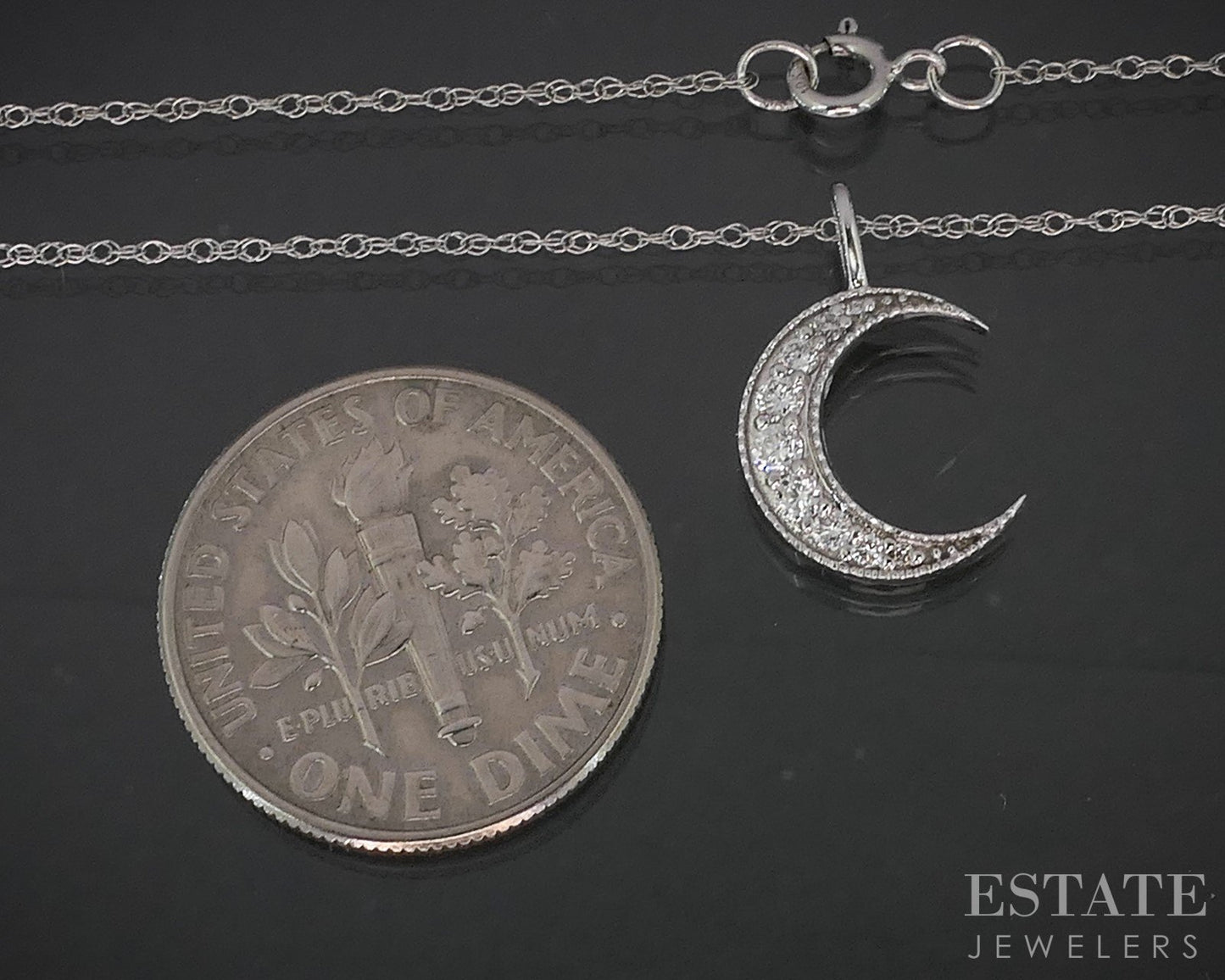 10k White Gold Lab Created Diamond Crescent Moon Ladies Necklace 18"L p14987