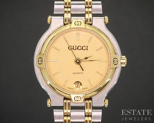 Gucci 9000L Two Tone Date Stainless Bracelet Ladies Watch p15057