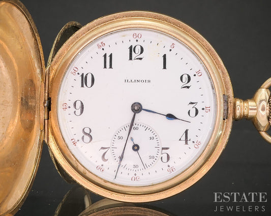 Antique Gold Filled Illinois Wolverine 255 17j Hunters Pocket Watch p15132