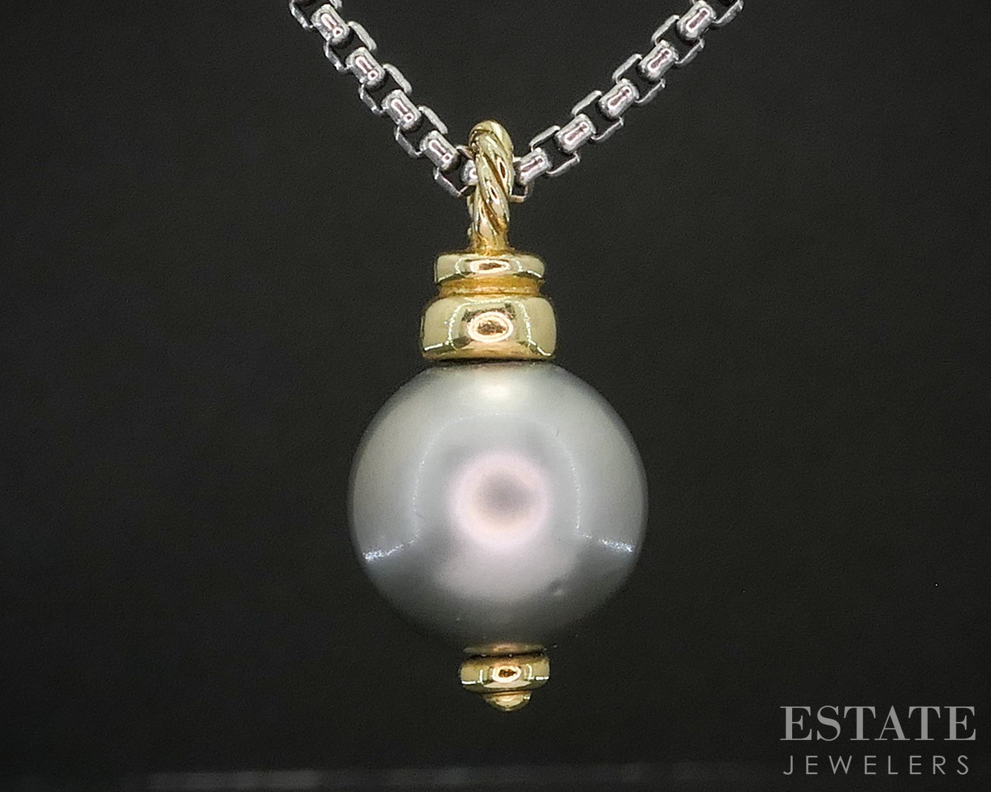 18k & Sterling David Yurman 10.8mm Cultured Grey Pearl Necklace 10g 20"L p15376