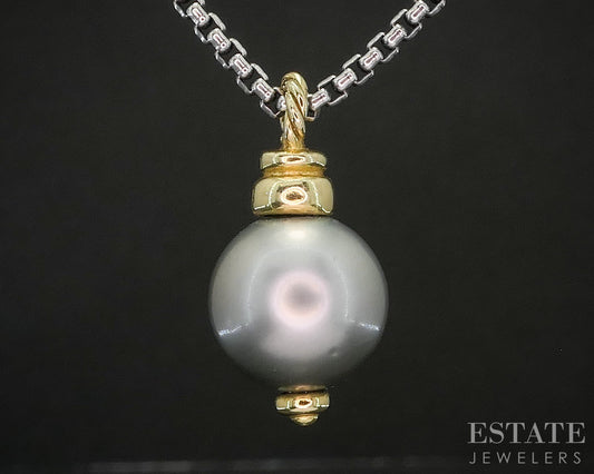 18k & Sterling David Yurman 10.8mm Cultured Grey Pearl Necklace 10g 20"L p15376
